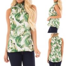 Fashion Sleeveless Stand Collar Printed Top