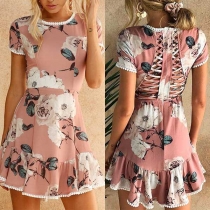 Fashion Short Sleeve Round Neck Ruffle Hem Printed Dress