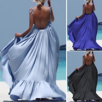 Sexy Backless Ruffle Hem Solid Color Sling Dress