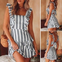 Sexy Backless Sleeveless Ruffle Striped Dress