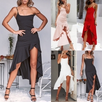Sexy Backless Irregular Ruffle Hem Solid Color Sling Dress