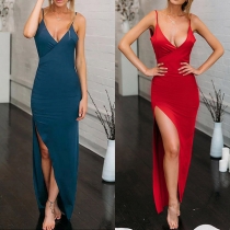 Sexy Backless Deep V-neck Slit Hem Solid Color Sling Dress