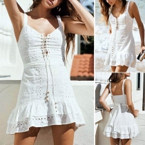 Sexy Backless Ruffle Hem Solid Color Slim Fit Sling Dress