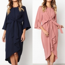 Fashion Solid Color 3/4 Sleeve Irregular Hem Knotted Dress