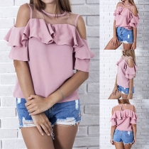 Sexy Off-shoulder Gauze Spliced Round Neck Ruffle Top