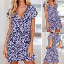 Sexy V-neck Short Sleeve Ruffle Hem Printed Dress
