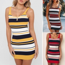 Fashion Sleeveless Round Neck Slim Fit Striped Knit Dress