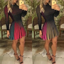 Fashion Contrast Color Long Sleeve Round Neck High Waist Dress