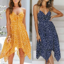 Sexy Backless V-neck Irregular Hem Dots Printed Sling Dress