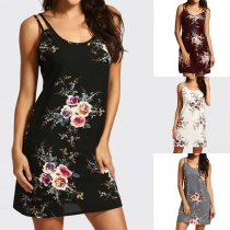 Fashion Round Neck Printed Sling Dress