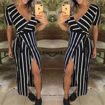 Sexy Deep V-neck Slit Hem Short Sleeve Striped Dress