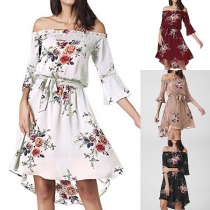 Sexy Off-shoulder Boat Neck Trumpet Sleeve High-low Hem Printed Dress