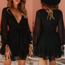 Sexy Deep V-neck See-through Gauze Spliced Lantern Sleeve Dress