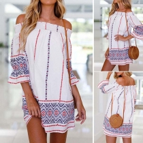 Sexy off-shoulder Boat Neck Half Sleeve Printed Dress