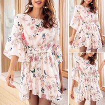 Sweet Style Trumpet Sleeve Irregular Ruffle Hem Printed Dress