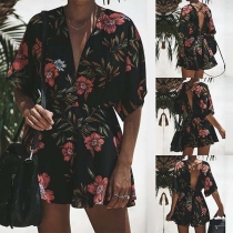 Sexy Backless V-neck Half Sleeve Printed Romper 