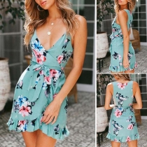 Sexy V-neck Irregular Ruffle Hem Slim Fit Printed Dress