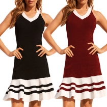 Sexy Crossover Backless V-neck Contrast Color Sleeveless Dress