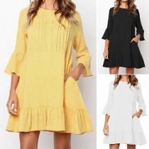 Fashion Solid Color 3/4 Sleeve Round Neck Ruffle Hem Dress