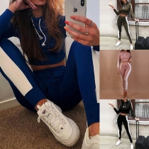 Fashion Contrast Color Long Sleeve Chop Hemline Hooded Sweatshirt + Slim Fit Pants Two-piece Set