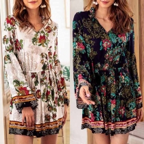 Fashion V-neck Long Sleeve Printed Pattern Girdling Pleated Hem Dress