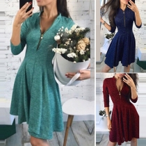 Fashion Solid Color 3/4 Sleeve Zipper V-neck Dress