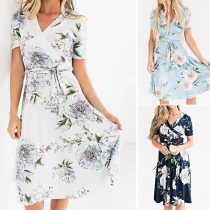 Fresh Style Short Sleeve V-neck Printed Dress