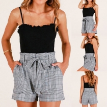 Fashion Lace-up High Waist Plaid Shorts 