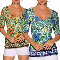 Fashion V-neck Half Sleeve Printed Pattern Slim Fit Shirt