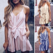 Fashion Deep V-neck Lace-up Sleeveless Off-shoulder Striped Romper
