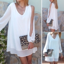 Fashion V-neck Long Slit Sleeve See-through Chiffon Dress