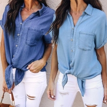 Fashion Solid Color Lapel Single-breasted Short Sleeve Irregular Hem Shirt