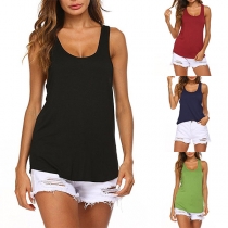 Fashion Round-neck Sleeveless Solid Color Hollow Out Irregular Hemline Vest