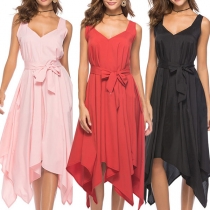 Fashion Solid Color Deep V-neck Sleeveless with Waistband Pleated Irregular Hem Dress