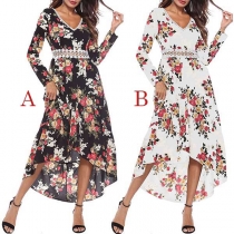 Fashion Deep V-neck Long Sleeve Printed Pattern Irregular Hemline Dress