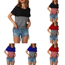 Fashion Round Neck Ireegular Hem Stripe Spliced Short Sleeve Top