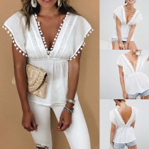 Sexy Deep V-neck Pom-pom Trim Hollow Out Spliced Short Sleeve Top 
