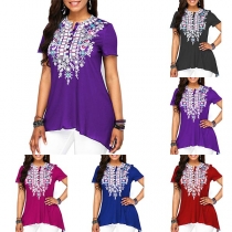 Fashion Button Front Floral Irrgular Hem Short Sleeve T-shirt