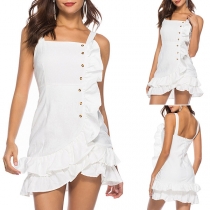 Sexy Backless Button Front Ruffled Trim Slim-fit Cami Dress