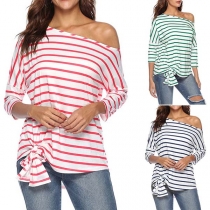 Sexy Oblique Shoulder 3/4 Dolman Sleeve Knotted Hem Striped T-shirt 