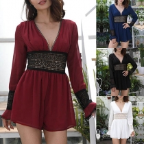 Sexy Deep V-neck Lace Spliced Long Sleeve High Waist Romper 