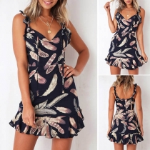Sexy Backless V-neck Ruffle Hem Pringted Sling Dress