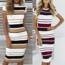 Fashion Short Sleeve Round Neck Slim Fit Striped Dress