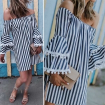 Sexy Off-shoulder Boat Neck Trumpet Sleeve Striped Dress