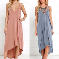 Sexy Backless V-neck Irregular Hem Solid Color Sling Dress
