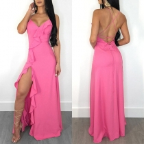 Sexy Backless V-neck Slit Hem Solid Color Ruffle Sling Dress