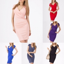Elegant Solid Color Short Sleeve V-neck Slim Fit Dress