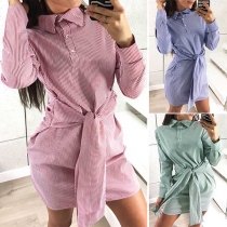 Sweet Lapel Stripe Front Buttons Long Sleeve Over-hip Dress
