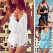 Fashion Solid Color Deep V-neck Sleeveless Pleated Irregular Hemline Tassels Romper 