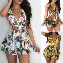 Fashion Deep V-neck Sleeveless Printed Pattern Lotus Spliced Romper